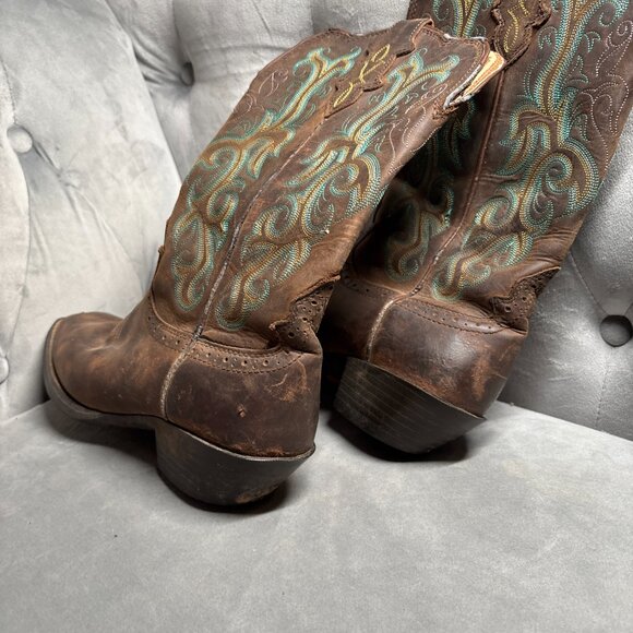 Justin Brown Leather Western Cowboy Boots Embroidered – Size 7B - Picture 7 of 11